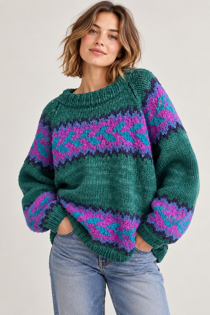 Hand Knit 100% Wool Ecuadorian Fair Isle Sweater Size XL